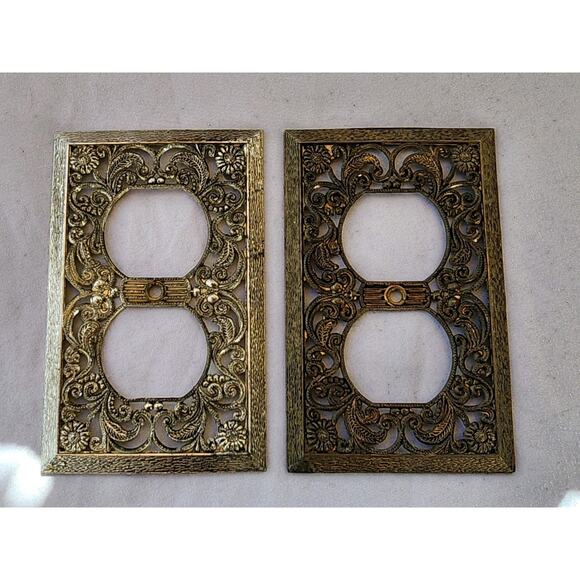 MCM Bronzed Metal Filigree Outlet Socket Covers Lot of 2 Set 1940s Vintage Rare - Picture 1 of 3